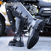 abordables Bottes de motard-Bottes de moto pour homme en similicuir noir avec sangles – élégantes et pratiques pour la moto, les activités de plein air et les sorties décontractées.