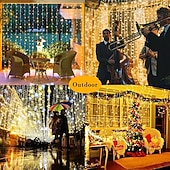 رخيصةأون يعمل بالطاقة الشمسية-أضواء ستارة 10 * 10 قدم 300 LED 8 أوضاع جهاز تحكم عن بعد شمسية أضواء خيط معلقة داخلية وخارجية مقاومة للماء لزينة الأعراس والمهرجانات