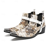 halpa Ensiluokkaiset nahkasaappaat-Miesten kukkakuvioiset valkoiset nahkaiset nilkkurit - muodikas solkiyksityiskohta rohkealla kukkakuviolla, täydellinen katutyyliin ja rennoille tilaisuuksille