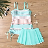 Χαμηλού Κόστους Τανκίνι-Γυναικεία Μαγιό 2 κομμάτι Φούστα Μαγιό Εξώπλατο Διακοπές Ρούχα παραλίας Ριγέ Στρογγυλή Λαιμόκοψη Αμάνικο Μαγιό