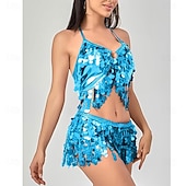 preiswerte Bauchtanzkleidung-Samba Tanzmode Verstellbare Schnüreffekte Pailletten Fransen Rock Oberteil Set Frauen Funkelndes Bauchtanz Outfit 2 Stückl Performance Kostüm