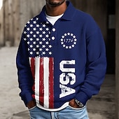  4 juli 2026 250e Voor heren Amerikaanse Amerikaanse vlag Polo Met Textuur Lange mouw Poloshirt Revers Casual Sportkleding Alledaagse kleding 3D-afdrukken Lente Herfst Winter blauw