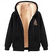 baratos Roupa de árvore de natal-Homens Moletom Full Zip Hoodie Moletom com zíper Moletom com capuz forrado de lã Adamascado Preto Vinho Vermelho Verde Com Capuz Árvore de Natal Bolsos Forro de sherpa Natal Diário Feriado Poliéster
