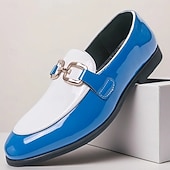 billiga Loafers-Herrloafers i vitt och blått i lack med metallspänne – trendiga skor för semiformella sammankomster och fester