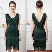 baratos Vestidos dos anos 1920-Roaring 20s 1920s Knee Length Flapper Dress Sleeveless The Great Gatsby Flapper Girl Sequins Fringe V Neck Fancy Dress Women's Christmas Carnival speakeasy Masquerade Retro Theme Party Adults Dress
