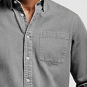 olcso alkalmi férfi ingek-Férfi Ing Alkalmi ing Gombos póló Farmer kék Fekete Fehér Arcpír rózsaszín Rubin Hosszú ujj Sima Hajtóka Hétköznapi Napi Elülső zseb Ruházat Pamut Elegáns Divat Alkalmi