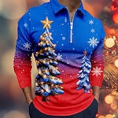 billiga Julgransoutfit-Jul Herr Julgran Polo Långärmad Polotröjor Kavajslag Ledigt Helgdag Dagliga kläder Festivalkläder 3D-utskrift Quarter Zip Polo Vår Höst Vinter Blå Sjöblå Rubinrött