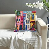 cheap Throw Pillows,Inserts &amp; Covers-Mediterranean Style Pillow Cover with 2D Flat Print Single-Sided Colorful Town Scene Plants and Flowers Decorative Cushion Case for Sofa Living Room Home