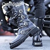 abordables Botas de combate-Botas militares negras para hombre con múltiples hebillas: botas resistentes de piel sintética para actividades casuales y al aire libre.
