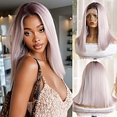 cheap Synthetic Lace Wigs-Synthetic Lace Wig Straight Style 12 inch Mixed Color Middle Part 13x4x1 T Part Lace Front Wig Women's Wig Light Pink