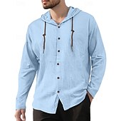 economico Camicie di lino-Per uomo Camicia Camicia di lino Camicia Estiva Camicia da Spiaggia Semplice Vacanza Casuale Nero Bianco Blu marino Cachi Manica Lunga Con Cappuccio Primavera Autunno Abbigliamento Coulisse