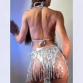 Недорогие Верх и комплекты-Сумка для танцев самба наряд из двух предметов с серебряными стразами и бахромой - топ с завязками и юбка для рейв-вечеринок костюм для выступлений