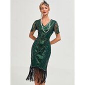 preiswerte 1920er Kleider-Goldene Zwanziger 1920er Knielang Flapper Kleid Kurze Ärmel Der große Gatsby Flapper-Mädchen Pailletten Fransen V Ausschnitt Kostüm Damen Weihnachten Karneval Abendgesellschaft Flüsterkneipe Maskerade
