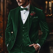 abordables Fête de vacances-Pour des hommes Noël Soirée Costume en velours Revers en Pointe Noir Vert Noël Fête Couleur Unie Coupe sur mesure 3 pièces Simple Boutonnage Deux Boutons
