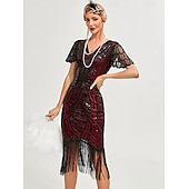 preiswerte 1920er Kleider-Goldene Zwanziger 1920er Knielang Flapper Kleid Kurze Ärmel Der große Gatsby Flapper-Mädchen Pailletten Fransen V Ausschnitt Kostüm Damen Weihnachten Karneval Abendgesellschaft Flüsterkneipe Maskerade