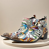 halpa Ensiluokkaiset nahkasaappaat-Miesten värikkäät ja taiteelliset aidosta nahasta valmistetut nilkkurit - monivärinen muotoilu vetoketjulla ja kiiltävillä metallisilla yksityiskohdilla, ihanteellinen muodikkaaseen vapaa-ajan käyttöön ja erityistilaisuuksiin