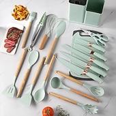 お買い得  キッチンセット-シリコン製キッチン用品セット 19点ツールキットセット 収納バケツ キッチンナイフ ストローカラーセット