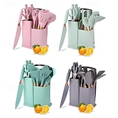 お買い得  キッチンセット-シリコン製キッチン用品セット 19点ツールキットセット 収納バケツ キッチンナイフ ストローカラーセット