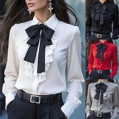 economico Bluse Semplici-Per donna Camicia elegante Blusa Volant Fiocco Tinta unica Elegante Essenziale Casual Manica Lunga Collo ripiegato Top Regolari Quotidiano Ufficio Lavoro Nero Bianco Rosso Grigio Primavera Autunno