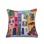 cheap Throw Pillows,Inserts &amp; Covers-Mediterranean Style Pillow Cover with 2D Flat Print Single-Sided Colorful Town Scene Plants and Flowers Decorative Cushion Case for Sofa Living Room Home