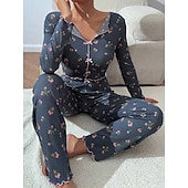 preiswerte Damen Schlafoberteile und -unterteile-Damen Schlafanzug Set Lässig Komfort Blumen Elastischer Bund Hose Heim Täglich Langarm V Ausschnitt Blau Schwarz Weiß Rosa Frühling Herbst Normale Passform