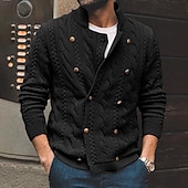 voordelige heren vest trui-Voor heren Kabelgebreide trui Trui Vest Trui Kabel breien Normale tops Dichtknopen Gebreid Effen Opstaand Vakantie Modieus Casual Alledaagse kleding Kleding Lente &amp; Herfst Herfst winter Zwart Paars M