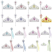abordables Accesorios-Conjunto de accesorios de tiara de princesa de cuento de hadas Elsa para niñas, cosplay de película, lindo Halloween, corazón rojo, corazón de melocotón verde claro, Phnom Penh, tiaras de diamantes amarillos, varita, disfraces de Halloween