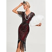 preiswerte 1920er Kleider-Goldene Zwanziger 1920er Knielang Flapper Kleid Kurze Ärmel Der große Gatsby Flapper-Mädchen Pailletten Fransen V Ausschnitt Kostüm Damen Weihnachten Karneval Abendgesellschaft Flüsterkneipe Maskerade