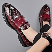 tanie Loafery-męskie bordowe mokasyny ze sztucznej skóry z ozdobnymi klamrami – luksusowe wsuwane buty na eleganckie okazje i świąteczne spotkania