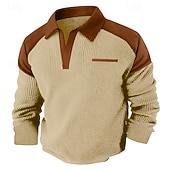 preiswerte T-Shirt mit Waffelstrick-Herren Waffel-T-Shirt Langarm V Ausschnitt Revers Herbst Frühling &amp; Herbst Einfarbig Mode Basic Lässig Farbblock Lässig Straße Sport Schwarz Marineblau Kaki Top T-Shirt für Herren