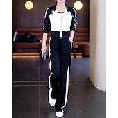 رخيصةأون بدلات رياضية-نسائي سويت شيرت بسحاب بنطلون واسع الساق بدلة رياضية من قطعتين رباط ألوان متناوبة أطقم ملابس رياضية الخريف أسود أبيض المشي لمسافات طويلة مهنة ركض كم طويل رياضة ألبسة رياضية مرن نسبياً عادي