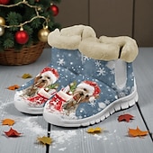 baratos Sapatos de Natal Femininos-Botas femininas natalinas quentinhas com forro de pele e estampa fofa de Papai Noel com gatinho – estilo aconchegante de inverno, sola leve antiderrapante, perfeitas para festas de fim de ano, passeios ao ar livre, uso casual e para presentear no Natal.