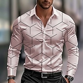 cheap Men's Satin Shirt-Men's Geometric Pattern Line Shirt Satin Shirt Dress Shirt Long Sleeve Business Casual Vacation Dailywear Summer Spring Fall Turndown 3D Print Button Up Shirts Blue White Pink Red Green