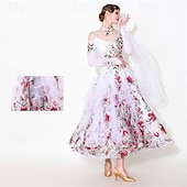 baratos Roupa de Competição-Vestido feminino para competição de dança de salão latina - estampa floral romântica &amp;vestido de dança moderna com saia de babados