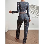 preiswerte Damen Schlafoberteile und -unterteile-Damen Schlafanzug Set Lässig Komfort Blumen Elastischer Bund Hose Heim Täglich Langarm V Ausschnitt Blau Schwarz Weiß Rosa Frühling Herbst Normale Passform