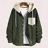 preiswerte Freizeithemden für Herren-Herren Hemd Freizeithemd Cordhemd Knopfhemd Kapuzenhemd Blau Schwarz Grün Langarm Einfarbig Mit Kapuze Lässig Täglich Tasche Bekleidung Mode Modern Lässig