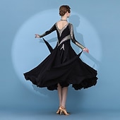 baratos Roupa de Competição-Dança de Salão Vestido Pregas Recortes Cristal / Strass Mulheres Espetáculo Treino Manga Longa Alto Elastano Fibra de Leite