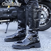abordables Bottes de motard-Bottes de moto pour homme en similicuir noir avec sangles – élégantes et pratiques pour la moto, les activités de plein air et les sorties décontractées.