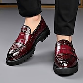 tanie Loafery-męskie bordowe mokasyny ze sztucznej skóry z ozdobnymi klamrami – luksusowe wsuwane buty na eleganckie okazje i świąteczne spotkania
