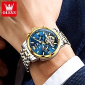 Χαμηλού Κόστους Μηχανικά Ρολόγια-OLEVS Αντρικό Μηχανικό Αυτόματο Ρολόι Πολυτελές Ρολόι Χεριού Σκελετού Διάμετρος 42mm Αδιάβροχο Χρυσό Μπλε Ρολόι Δώρο για άντρες 6740