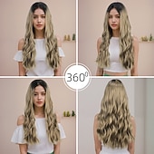 cheap Party Wigs-Synthetic Wig Wavy Curly Weave Middle Part Asymmetrical Deep Parting Machine Made Wig 26 inch Black / Gold Synthetic Hair Women's Classic Comfortable Color Gradient Mixed Color