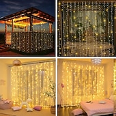 رخيصةأون يعمل بالطاقة الشمسية-أضواء ستارة 10 * 10 قدم 300 LED 8 أوضاع جهاز تحكم عن بعد شمسية أضواء خيط معلقة داخلية وخارجية مقاومة للماء لزينة الأعراس والمهرجانات