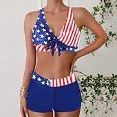 preiswerte Tankinis-Damen Badeanzug Zweiteilig Slips Bademode Rückenfrei Urlaub Strandbekleidung Flagge V Ausschnitt Ärmellos Badeanzüge