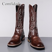 voordelige Cowboy &amp; Western Boots-Bruine cowboylaarzen van imitatieleer voor heren – klassieke westernstijl met geborduurde details, perfect voor kerstfeestjes en casual uitjes