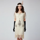 halpa 1920-luvun mekot-Setti Möly 20s 1920-luku Polvipituinen Mekko Asut Tarvikesarja lisävarusteiden kanssa Lyhyet hihat Suuri Gatsby Häävieras Paljetti Tupsu Paljetti Tupsu V kaula-aukko Naamiaispuku Naisten Karnevaali