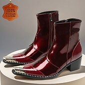 Χαμηλού Κόστους Premium Δερμάτινες Μπότες-ανδρικά γυαλιστερά κόκκινα δερμάτινα μποτάκια μέχρι τον αστράγαλο – κομψά γυαλιστερά με άνετο, στιβαρό τακούνι, κομψή επιλογή για χριστουγεννιάτικες εκδηλώσεις