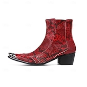 preiswerte Hochwertige Lederstiefel-Rote Herren-Ankle-Boots aus Leder mit Schlangenmuster – bequemer Blockabsatz mit Nietenbesatz, ideal für Weihnachtsfeiern und Partys