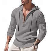cheap Men's Popover Shirts-Men's Shirt Popover Shirt Summer Shirt Casual Shirt Beach Shirt Black White Yellow Navy Blue khaki Long Sleeve Solid Color Hooded Vacation Casual Drawstring Clothing Apparel Fashion Casual Comfortable