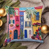 cheap Throw Pillows,Inserts &amp; Covers-Mediterranean Style Pillow Cover with 2D Flat Print Single-Sided Colorful Town Scene Plants and Flowers Decorative Cushion Case for Sofa Living Room Home