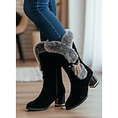 Χαμηλού Κόστους Χερευτές και χειμερινές μπότες-γυναικείες μπότες στη μέση της γάμπας με διακοσμημένο με γούνα από λευκό δέρμα με φερμουάρ στο πλάι, γούρι με φούντα και μπλοκ τακούνι για χειμερινή μόδα και εξωτερική χρήση